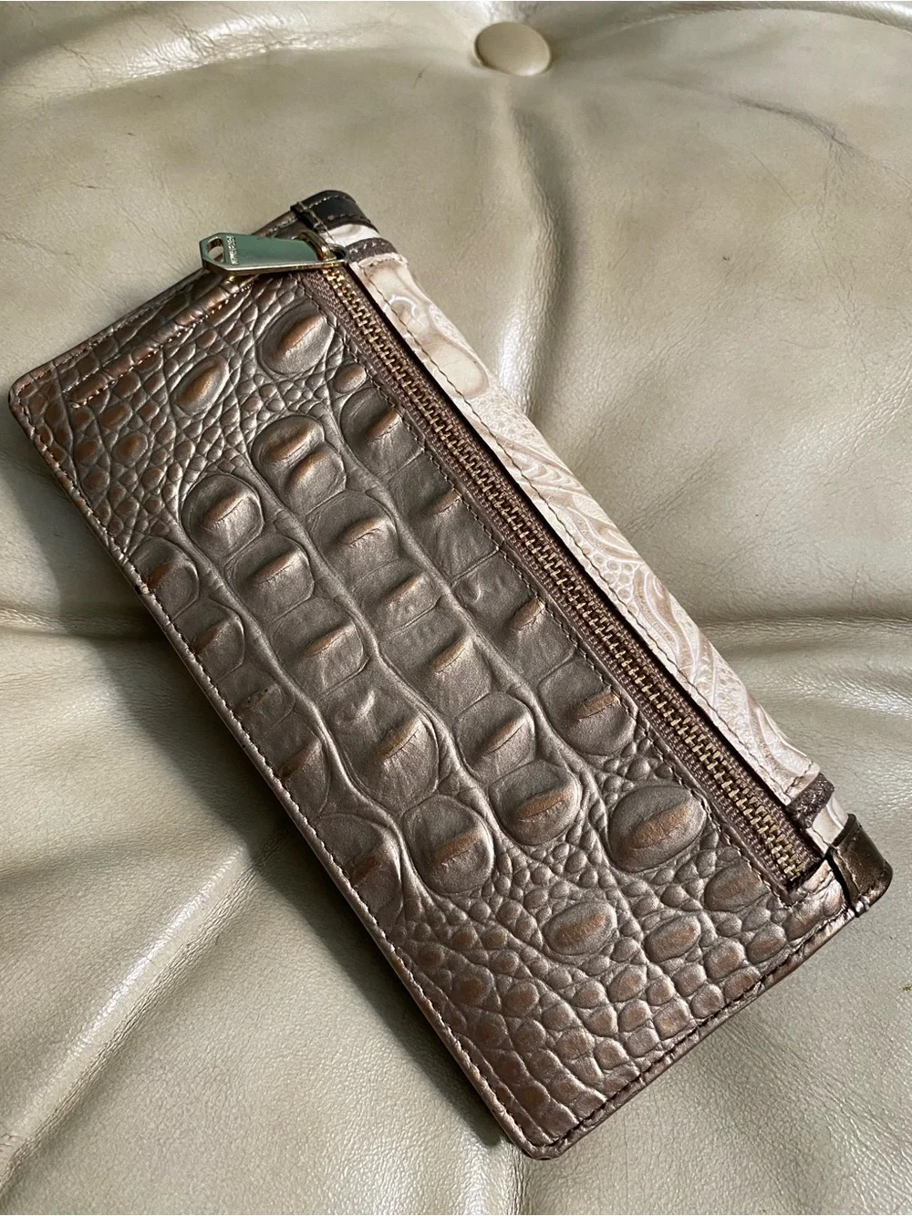 HTF Brahmin Bourdele Wallet in Cream/Gold/Taupe Scroll Embossed Leather